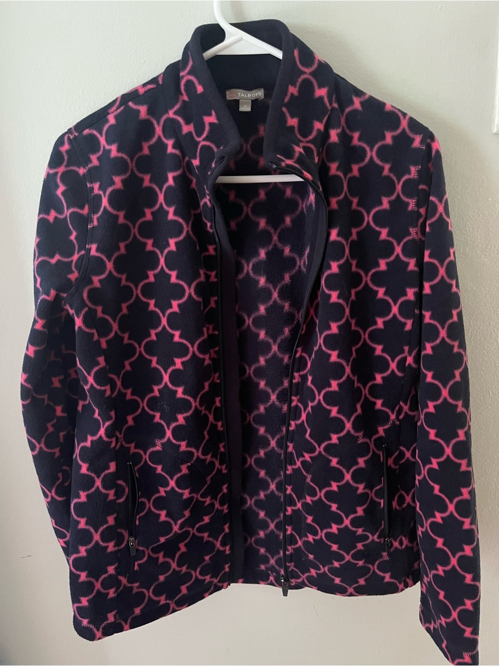Talbots Black Fleece Jacket with Pink Geometric Pattern